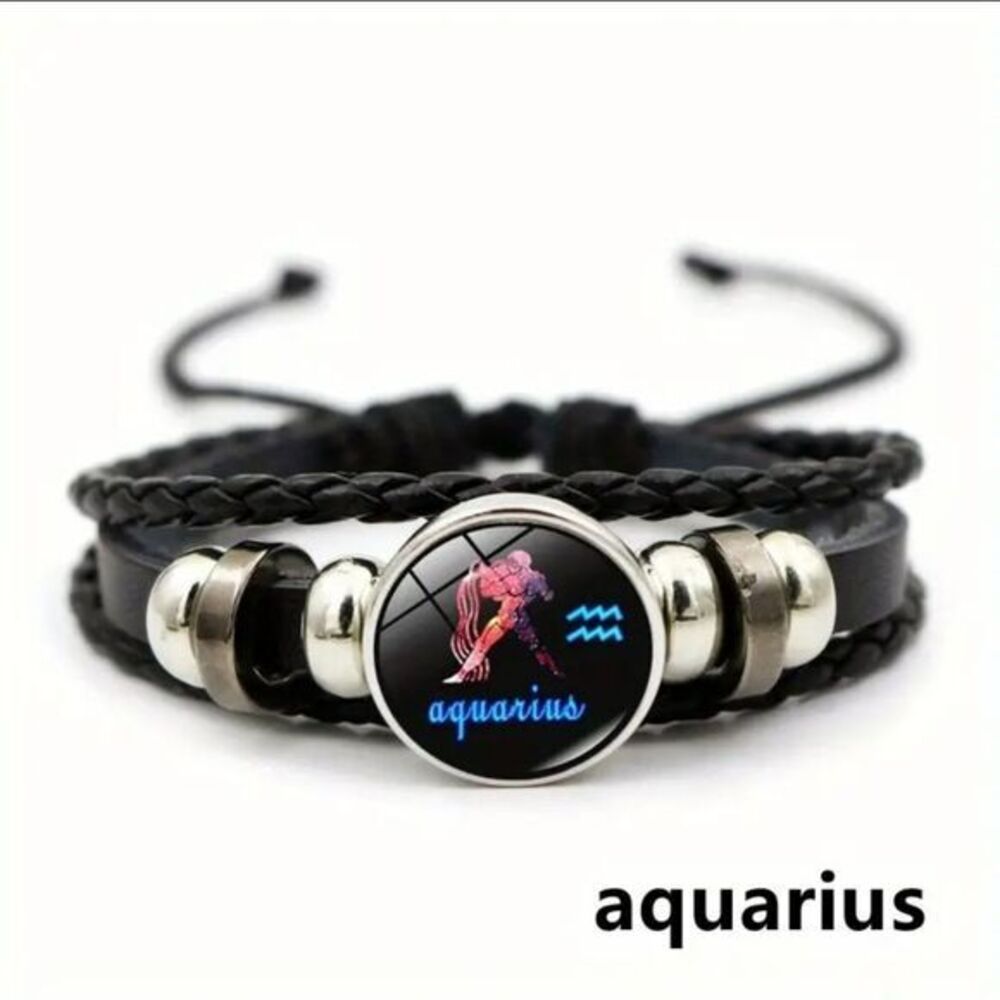 Aquarius Zodiac Bracelet Handwoven Wax Rope and Leather Unisex
